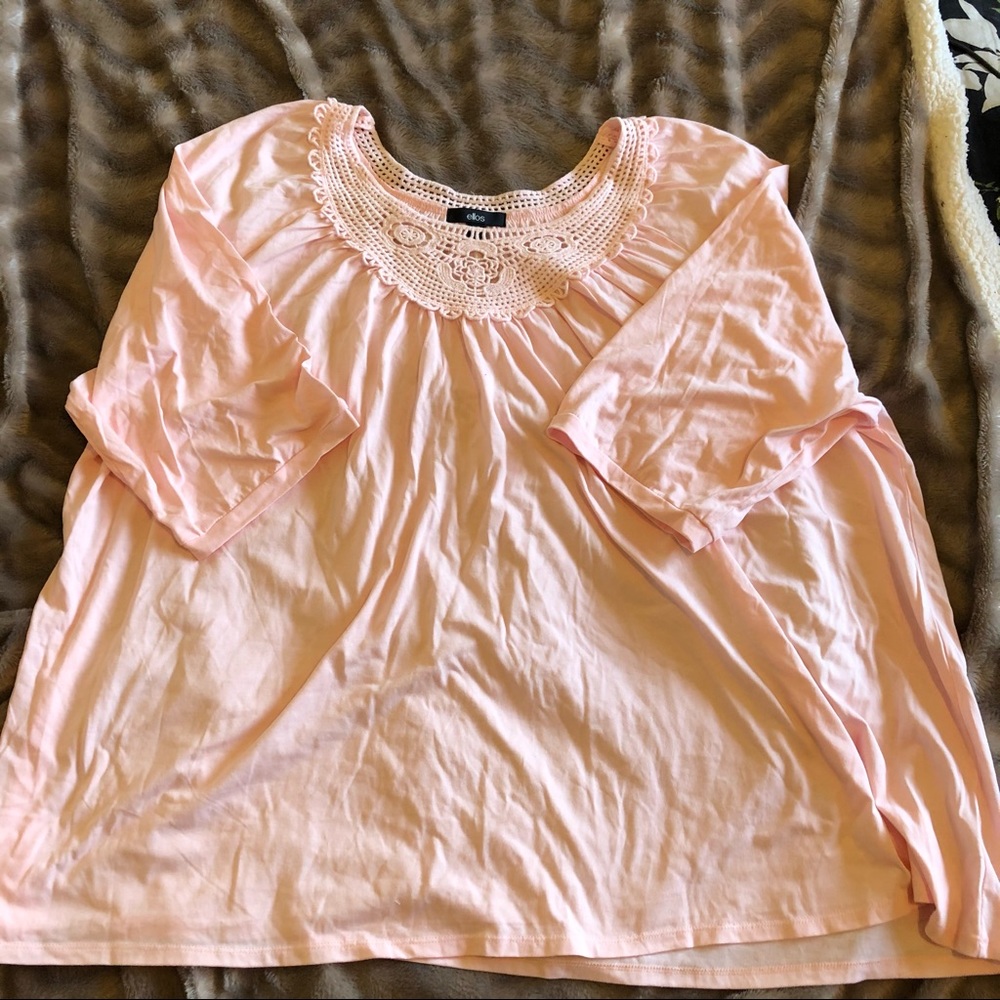 Ellos Pink Short Sleeve Crochet Peasant Top 4X